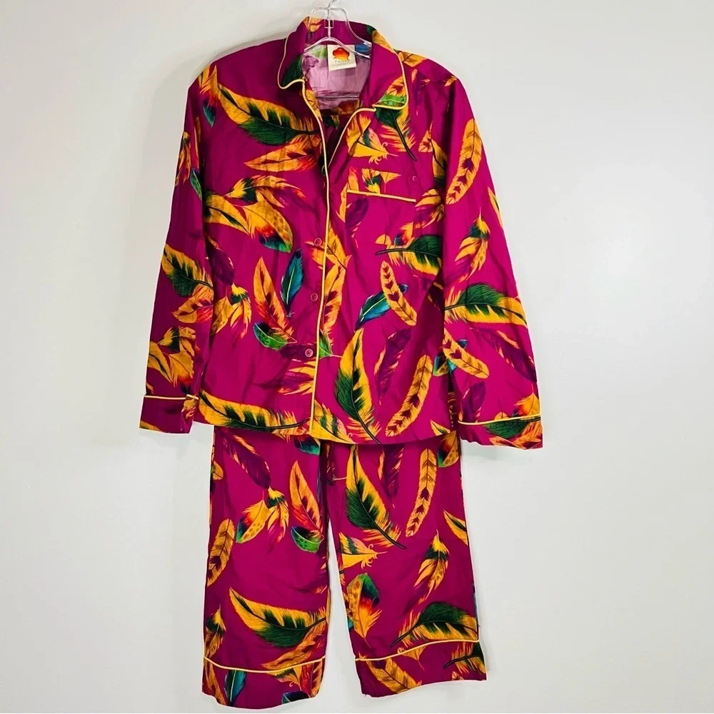 Anthropologie Farm Tio Pink Feather Botanical Pajama Set Wide-Leg Silhouette xs